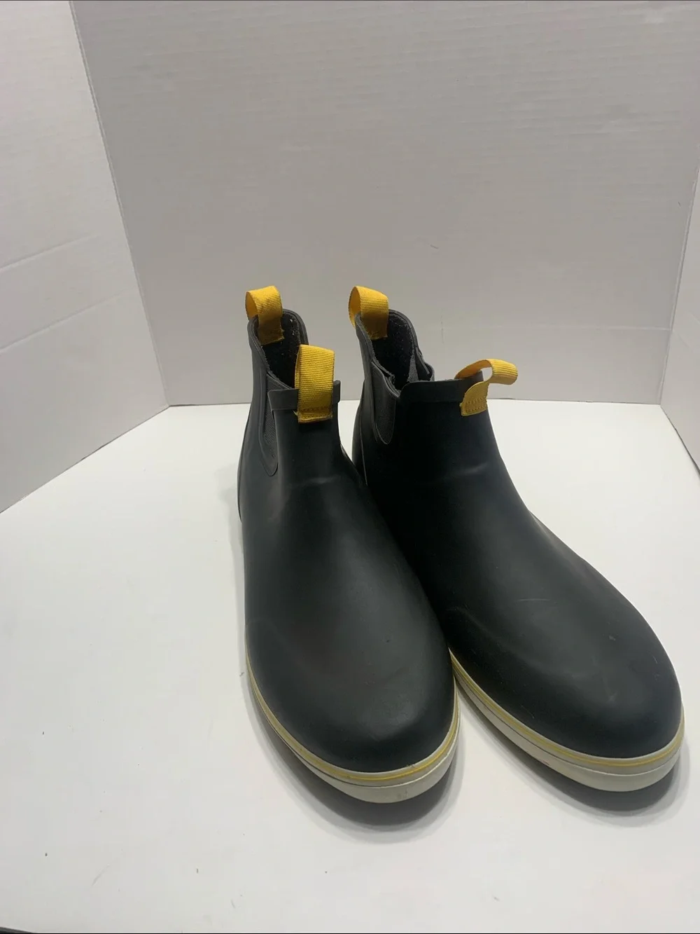 Men's Black Rain & Snow Chelsea Boots with Yellow Pull Tabs ocean cost